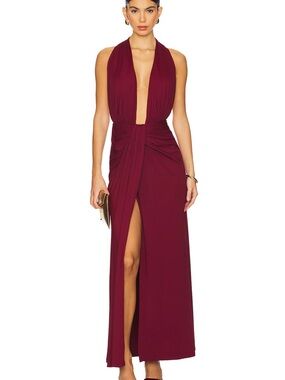 Deep V Burgundy Evening Gown